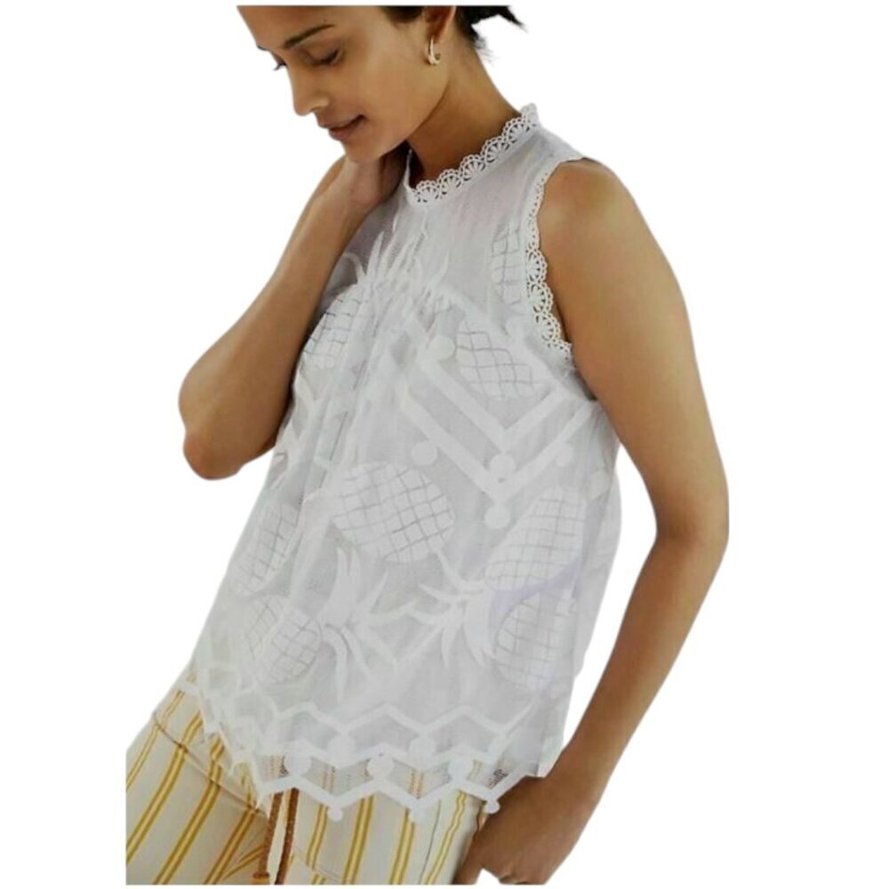 Anthropologie Maeve White Pineapple Lace Eyelet Tank Top Blouse Sz 10 EUC $128